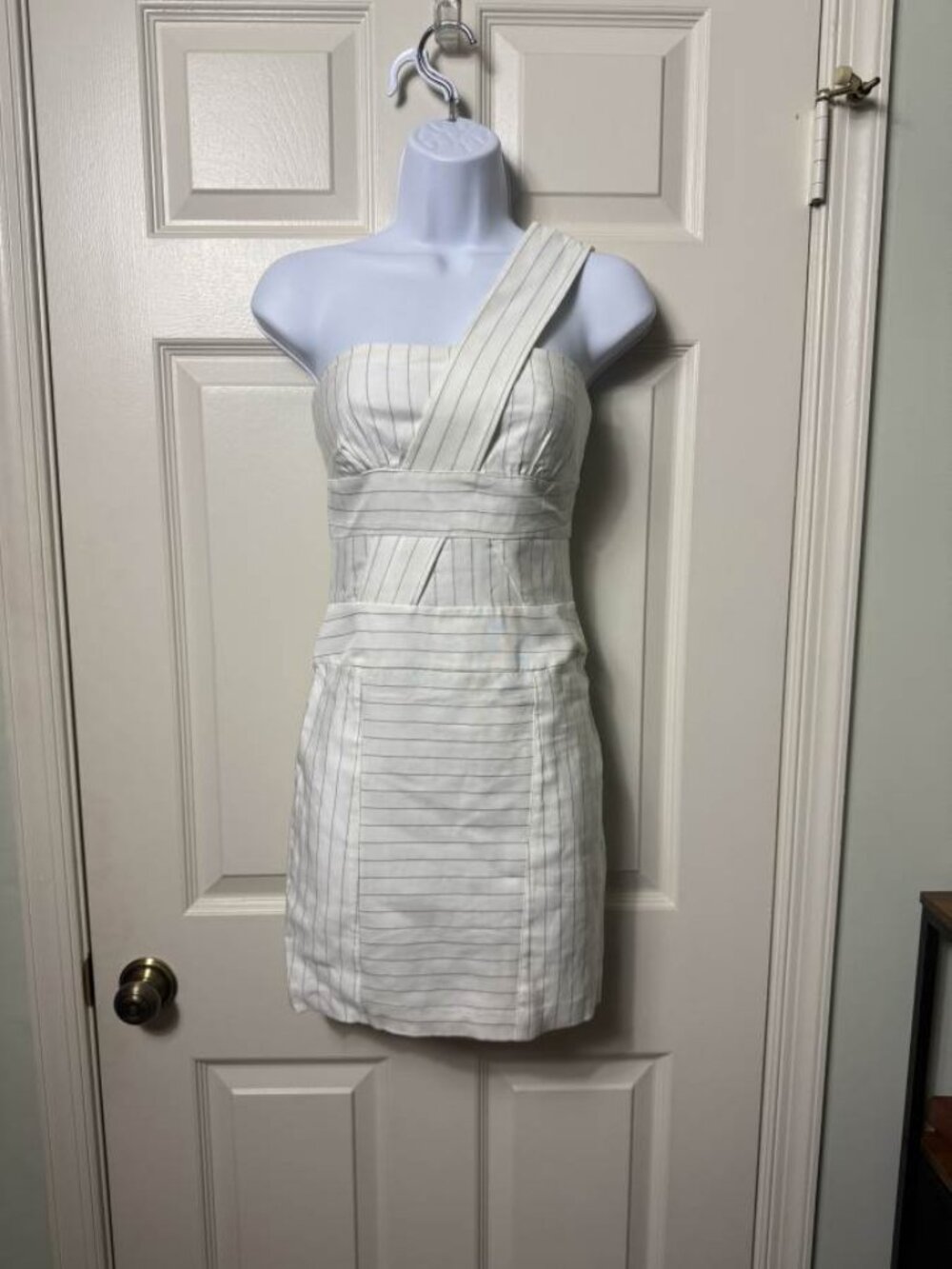 bebe White Pinstripe One Shoulder Mini Dress 00